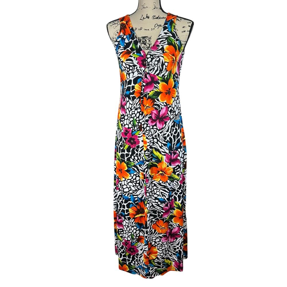 Slinky Brand Maxi Dress Size Small Vibrant Colorful Floral Empire Waist Stretch